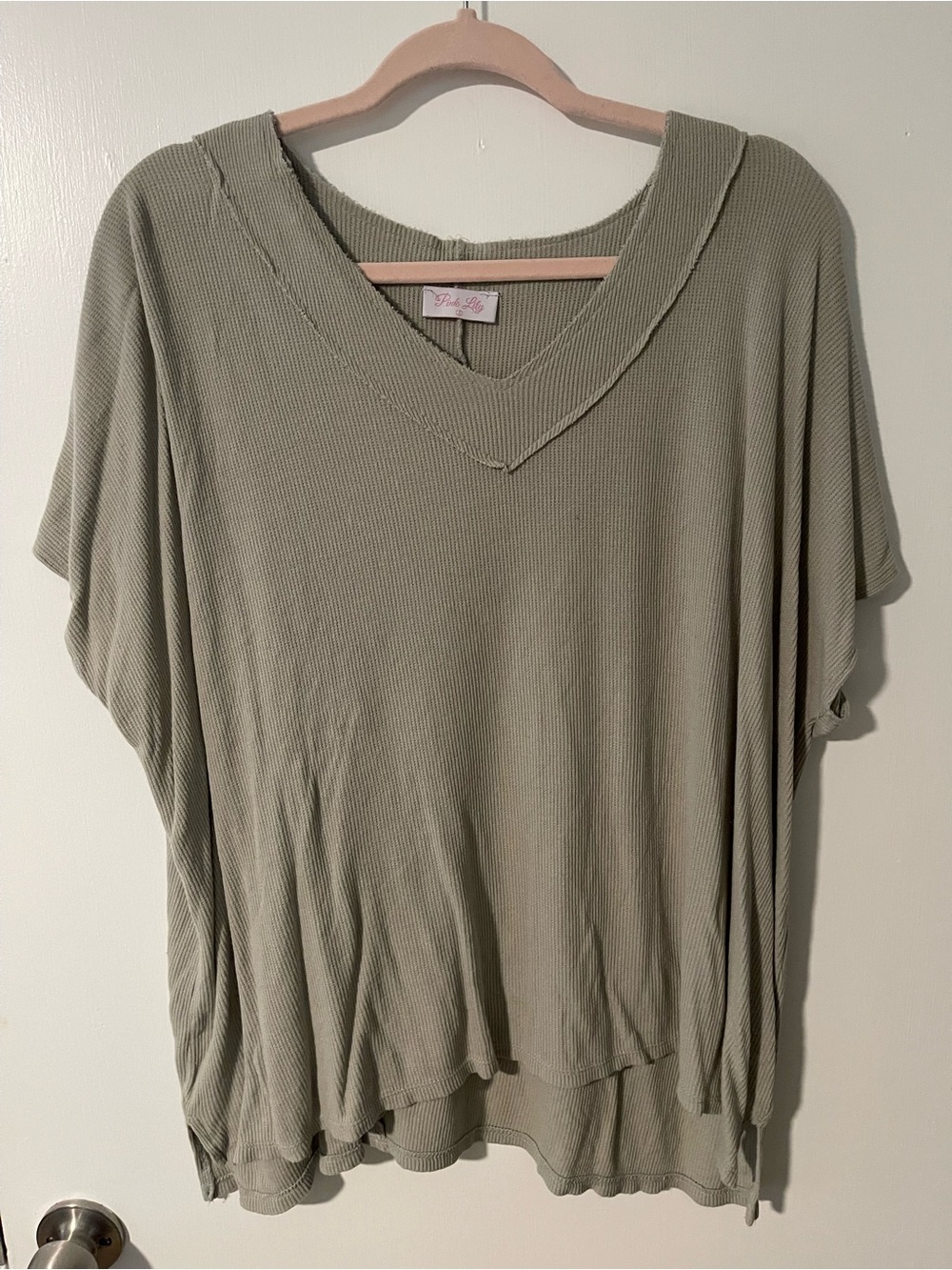 Pink Lily Olive Ribbed V-Neck Short Sleeve Top